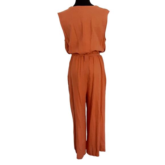 Liz Claiborne Wide Leg Jumpsuit Linen Blend Button Front Terracotta Womens L - Picture 2 of 11